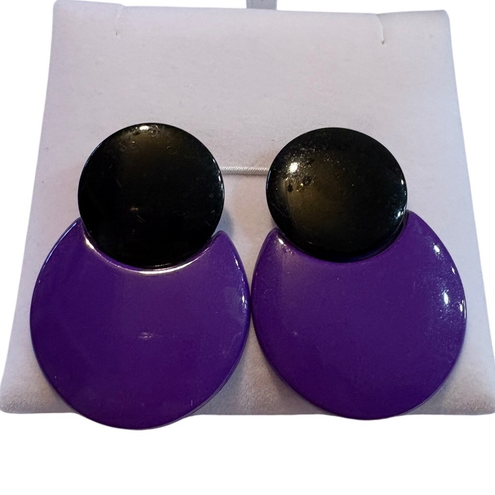 1980s Geometric Drop Earrings Purple Black Enamel Metal Statement Post Back